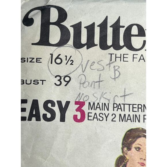 Butterick Sewing Pattern 6722 long vest straight pant 1970s size 16 1/2 - Picture 2 of 6